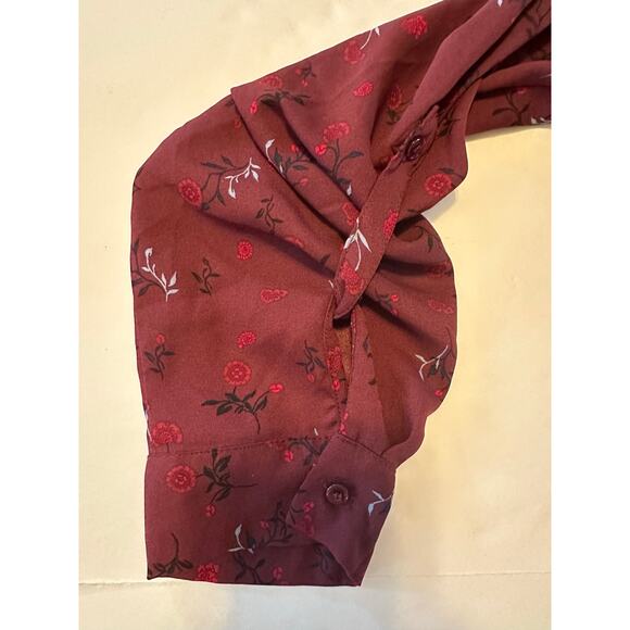 Lane Bryant Top Women’s Size 16 Burgundy Floral V Neck Long Roll Tab Sleeve - Picture 5 of 6